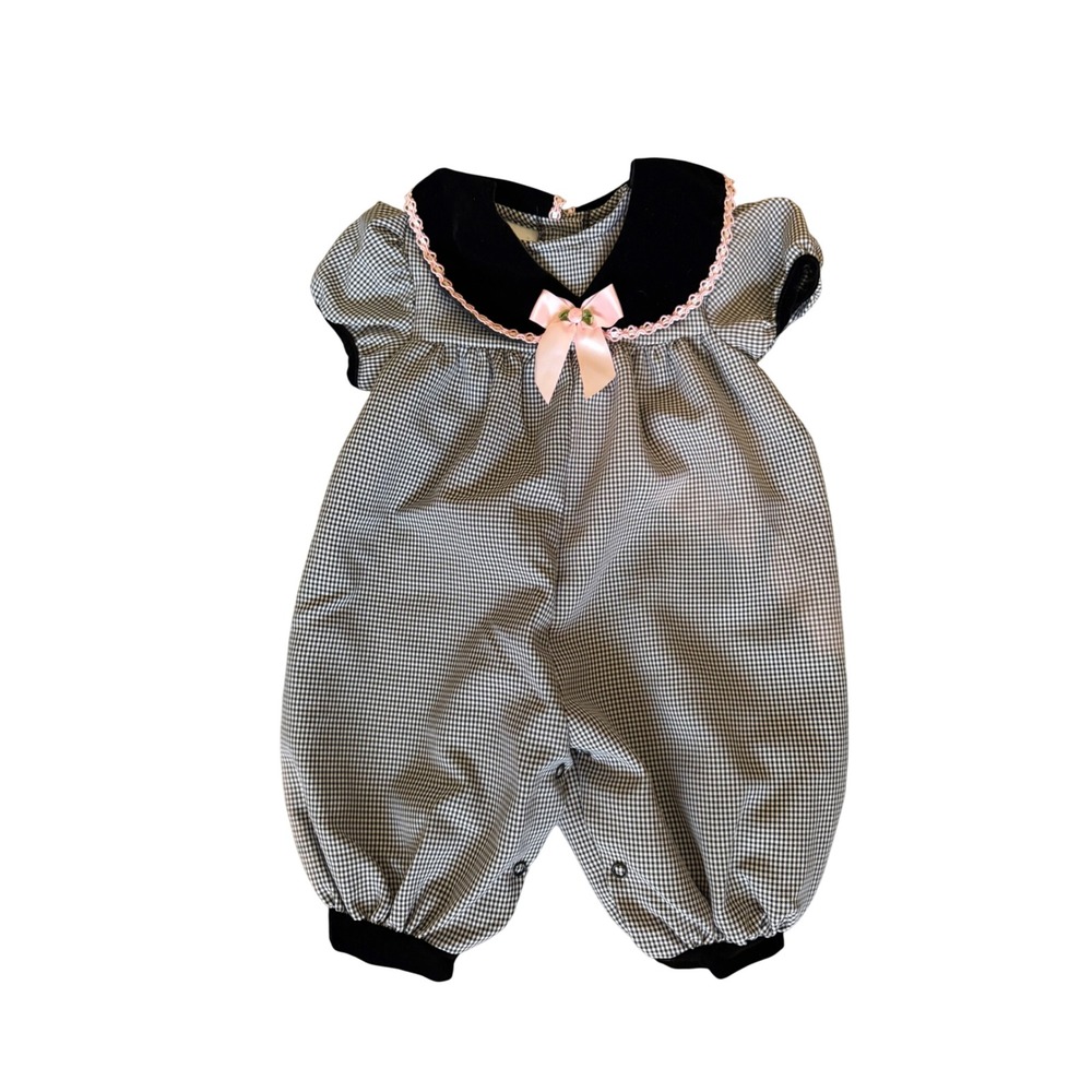 Rose Cottage Vintage Smocked Romper Black Pink 6-9M Girl Baby Velvet Lace Floral